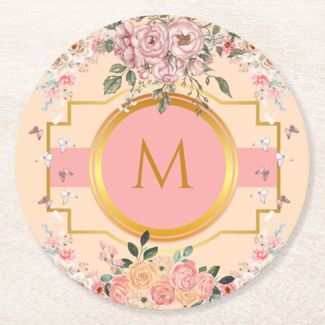 niedliche Aquarellfarbe Rosa Blume Monograviert fü Runder Pappuntersetzer (Vorderseite)