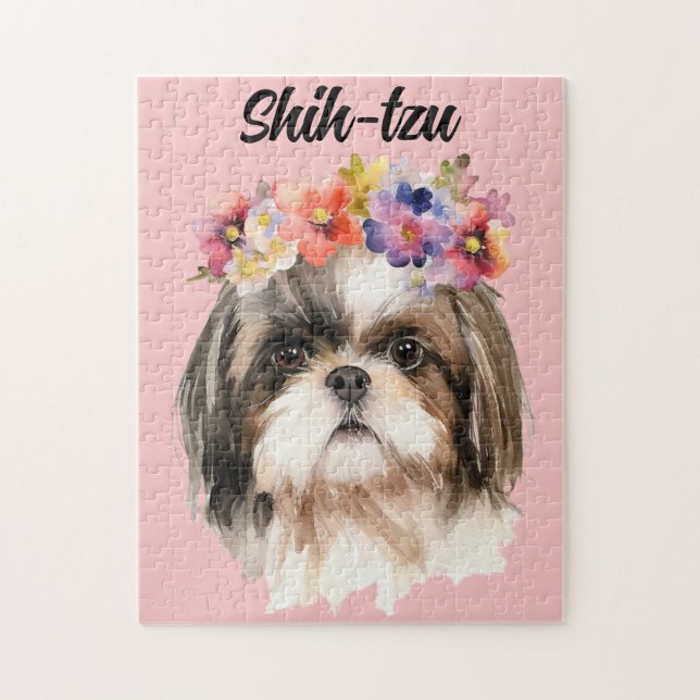 Niedliche Aquarellfarbe Shih-tzu Hund/Blume Puzzle (Vertikal)