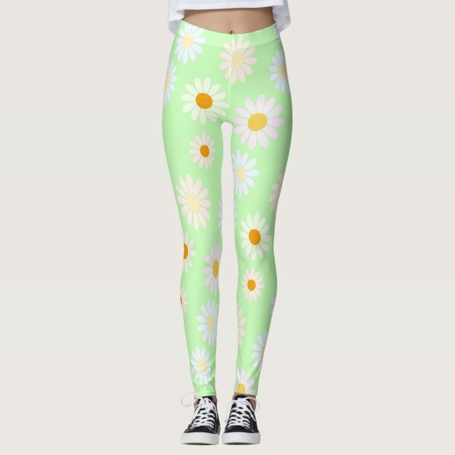 Niedliche Aquarellfarben Daisy Pattern Grün Leggings (Vorderseite)