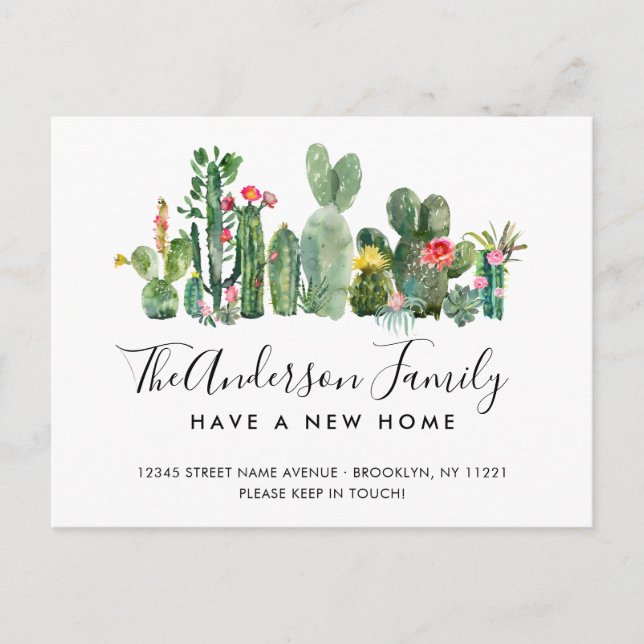 Niedliche Aquarellfarben-Kaktus - neue Zuhause-Bew Ankündigungspostkarte (Vorderseite)