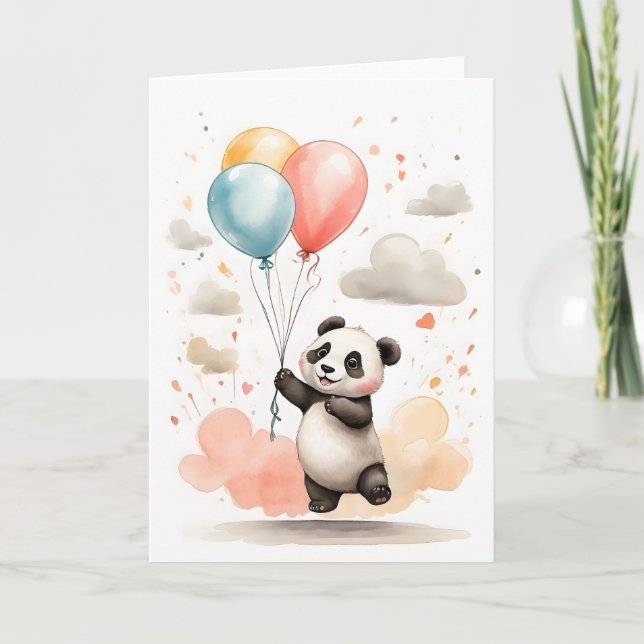 Niedliche Aquarellfarben Panda Gelbe blaue Balloon Karte (Vorderseite)