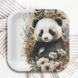 Niedliche Aquarellfarben-Wildblume Panda Bear Gebu Pappteller