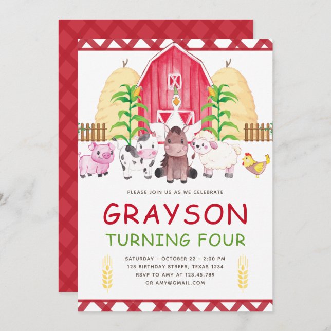 Niedliche Aquarellfarm Geburtstag Einladung (Vorne/Hinten)