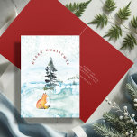 Niedliche Aquarellfox-Illustration Weihnachtskarte Feiertagskarte<br><div class="desc">Diese bezaubernde Waldurlaubskarte zeigt einen wunderschönen Aquarellfuchs unter einem Kiefernwald auf einem schneebedeckten Feld. Die Worte "Frohe Weihnachten" sind elegant über die Szene in klassischer Typografie gewölbt. Im Inneren sorgt eine kräftige rote Farbe für den personalisierten Gruß in Weiß. Passen Sie den Text an Ihre Bedürfnisse an. Entdecken Sie mehr...</div>
