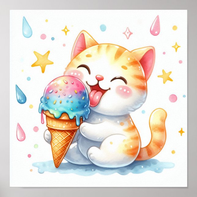 Niedliche Aquarellkatze Eating Ice Creme Whimsisti Poster