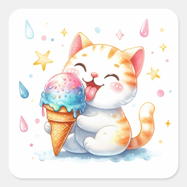 Niedliche Aquarellkatze Eating Ice Creme Whimsisti Quadratischer Aufkleber (Vorderseite)