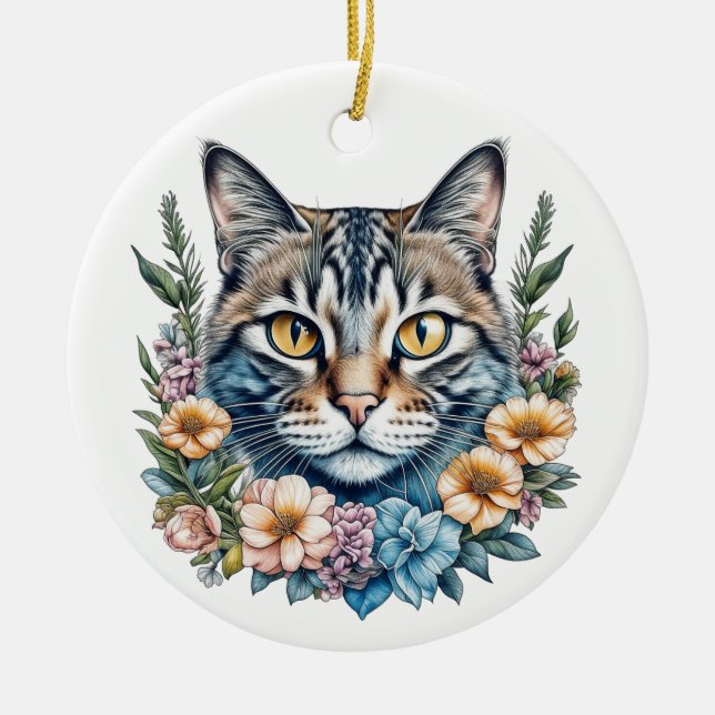 Niedliche Aquarellkatze mit Blume Weihnachten Keramik Ornament (Vorne)