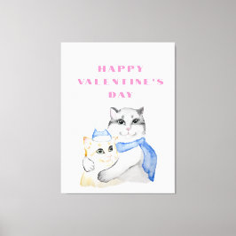 Niedliche Aquarellkatzen am Valentinstag Leinwanddruck