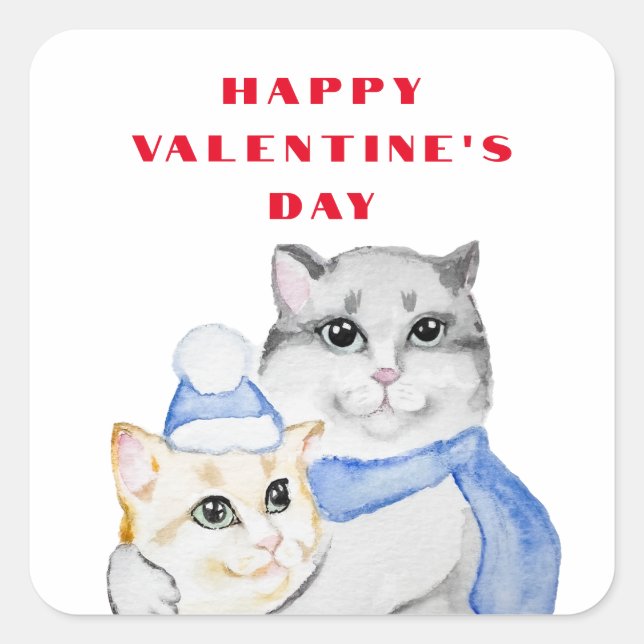 Niedliche Aquarellkatzen am Valentinstag Quadratischer Aufkleber (Vorderseite)