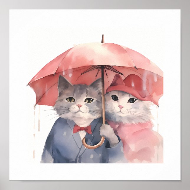 Niedliche Aquarellkatzen mit rosa Regenschirm Poster (Vorne)