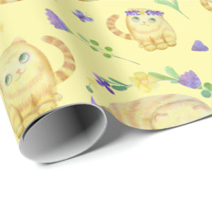 Niedliche Aquarellkatzen und Blume Muster gelb Geschenkpapier