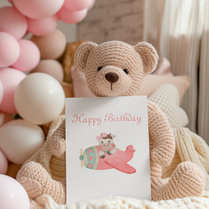 Niedliche Aquarellkuh und Flugzeug Whimsistische G Feiertagskarte