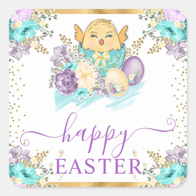 Niedliche Aquarellküken und Eier Ostern Quadratischer Aufkleber (Vorderseite)