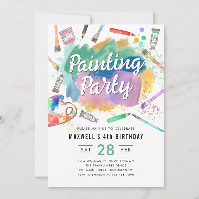 Niedliche Aquarellkunst Malerei Party Geburtstag Einladung (Vorderseite)