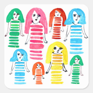 Niedliche Aquarellmädchen Moderne Kunst Quadratischer Aufkleber