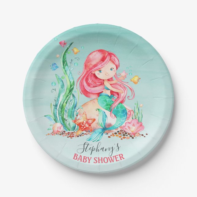 Niedliche Aquarellmaid unter der Meerwasserdusche Pappteller (Vorderseite)