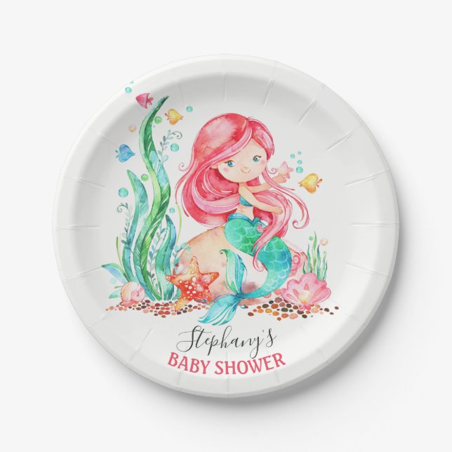 Niedliche Aquarellmaid unter der Meerwasserdusche Pappteller (Vorderseite)