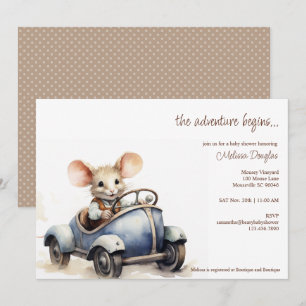 Niedliche Aquarellmäuse in Blue Car Babydusche Einladung