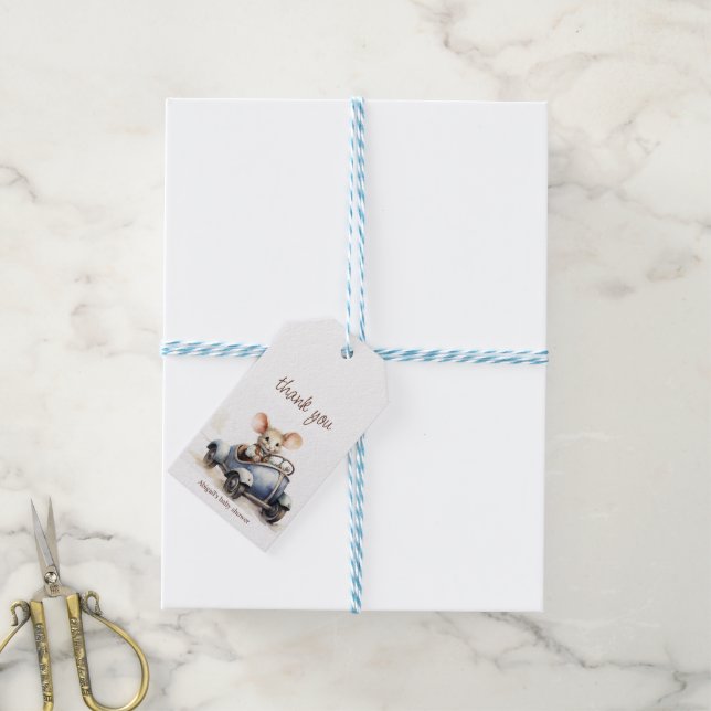 Niedliche Aquarellmäuse in Blue Car Babydusche Geschenkanhänger (Mit Garn)