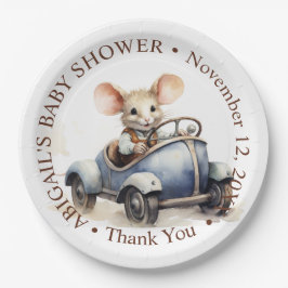 Niedliche Aquarellmäuse in Blue Car Babydusche Pappteller