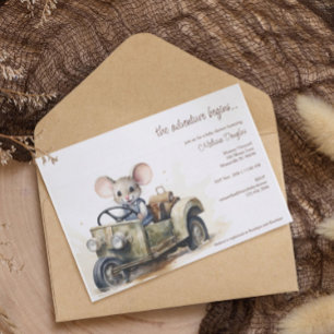 Niedliche Aquarellmäuse in Green Car Baby Dusche Einladung