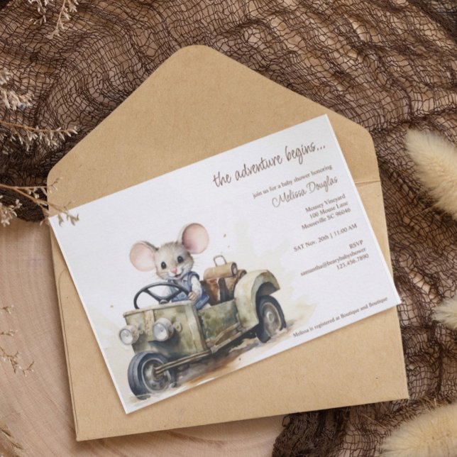 Niedliche Aquarellmäuse in Green Car Baby Dusche Einladung (Von Creator hochgeladen)