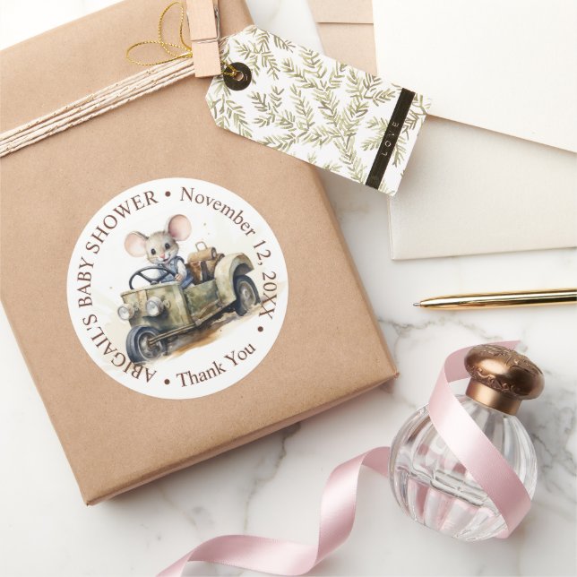 Niedliche Aquarellmäuse in Green Car Baby Dusche Runder Aufkleber (Schenken)