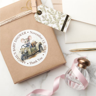 Niedliche Aquarellmäuse in Green Car Baby Dusche Runder Aufkleber