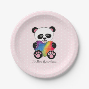 Niedliche Aquarellpanda mit Regenbogenherz Pappteller
