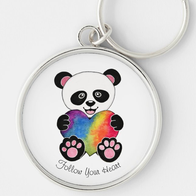 Niedliche Aquarellpanda mit Regenbogenherz Schlüsselanhänger (Vorne)
