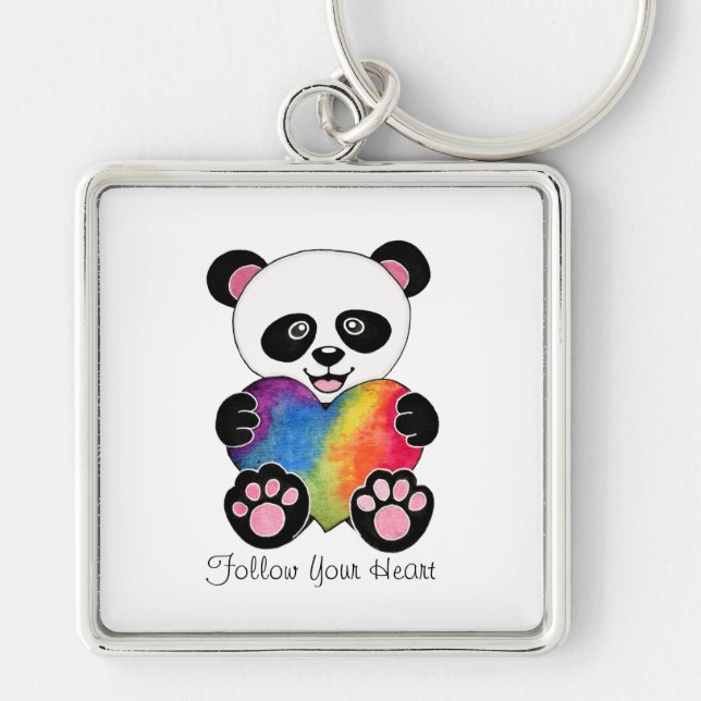 Niedliche Aquarellpanda mit Regenbogenherz Schlüsselanhänger (Vorne)