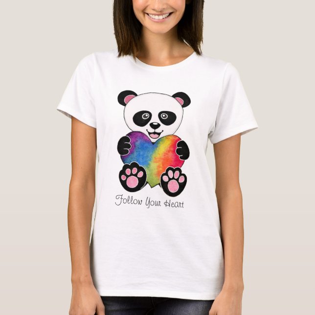 Niedliche Aquarellpanda mit Regenbogenherz T-Shirt (Vorderseite)