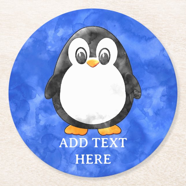 Niedliche Aquarellpinguin Blau Runder Pappuntersetzer (Vorderseite)
