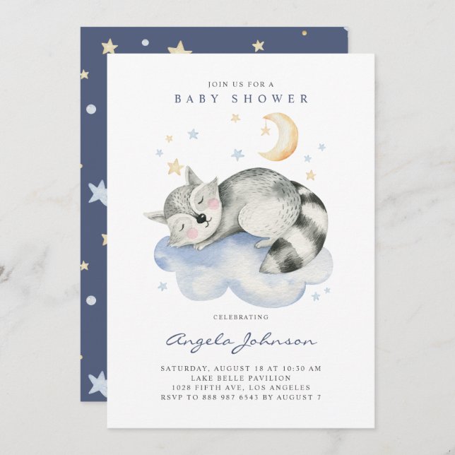 Niedliche Aquarellschläfer Baby Raccoon Babydusche Einladung (Vorne/Hinten)