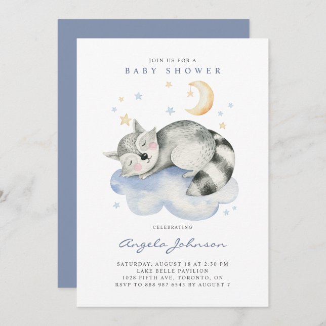 Niedliche Aquarellschläfer Raccoon Babydusche Einladung (Vorne/Hinten)