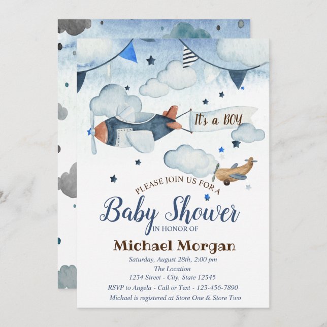 Niedliche Aquarellsteine, Wolken, Flugzeughinderdu Einladung (Vorne/Hinten)