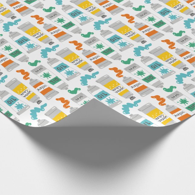 Niedliche Art Paint Tubes auf Weiß Geschenkpapier (Ecke)