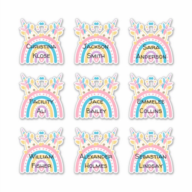 Niedliche Aufkleber mit mehreren Namen für Unicorn (Vorderseite)