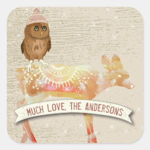 Niedliche Augen Owl Wasserfarbe Hirnholz Quadratischer Aufkleber