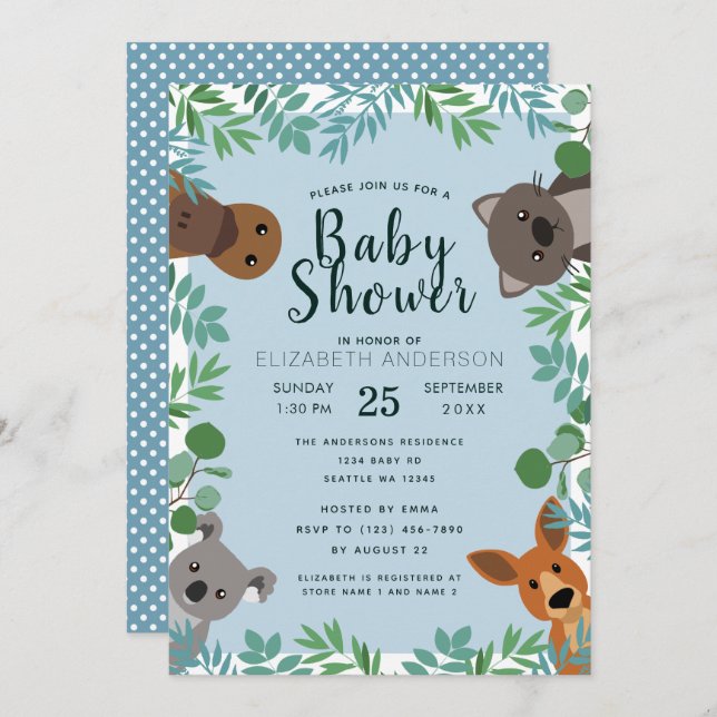 Niedliche Australische Kinderdusche Critters Einla Einladung (Vorne/Hinten)