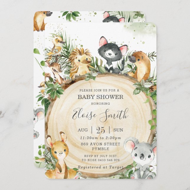 Niedliche australische Tiere Wood Greenery Baby Du Einladung (Vorne/Hinten)