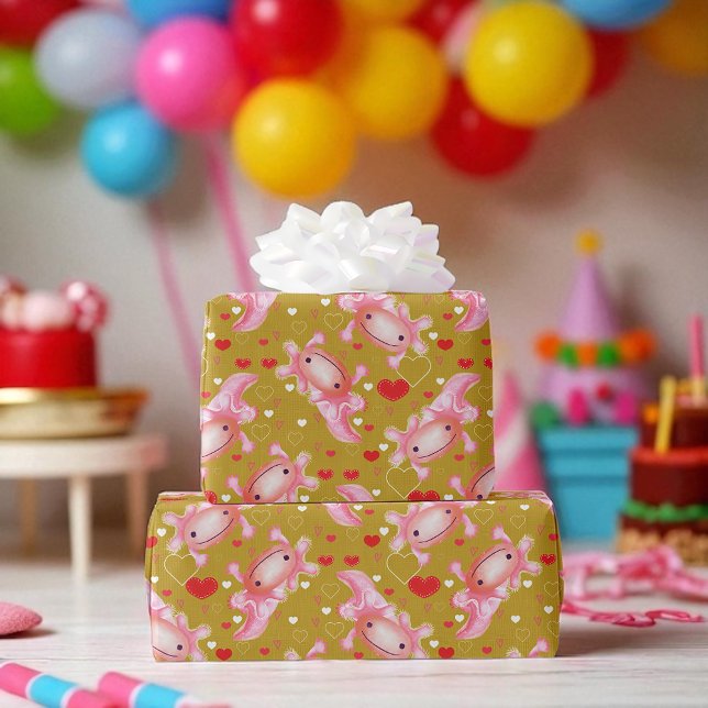 Niedliche Axolotl-Liebe, rosa Herzen, lustiges Ges Geschenkpapier (Adorable axolotl & heart design quirky wrap for birthdays, Valentine’s, and cute celebrations.)