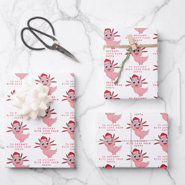 Niedliche Axolotl-Liebe von Santa Kinder Name Geschenkpapier Set (Vorderseite)