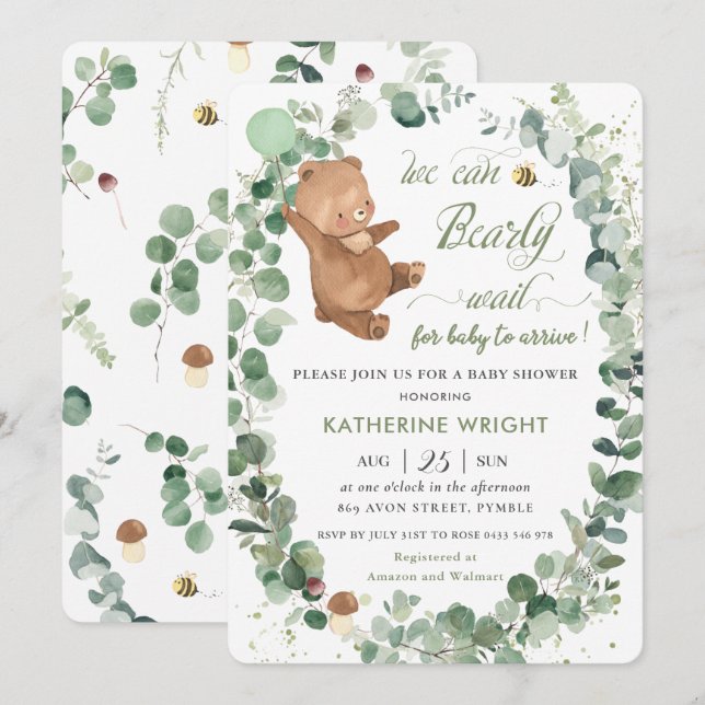 Niedliche Baby Bear Greenery Gender Neutral Baby D Einladung (Vorne/Hinten)