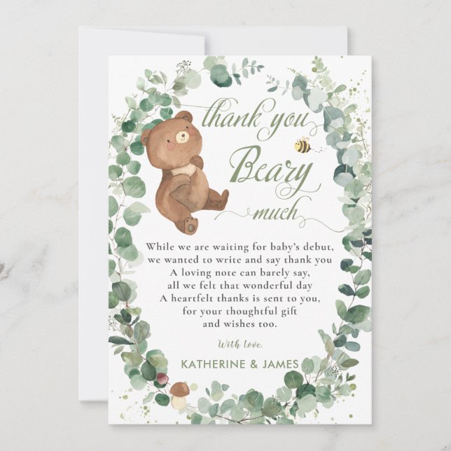 Niedliche Baby Bear Greenery Gender Neutrale Dusch Dankeskarte (Vorderseite)
