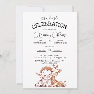 Niedliche Baby Cow und Giraffe Geburtstagsparty Einladung