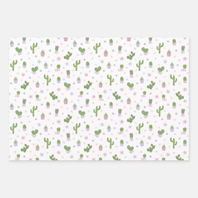 Niedliche Baby Dusche Cacti Party Muster Geschenkpapier Set (Vorderseite)