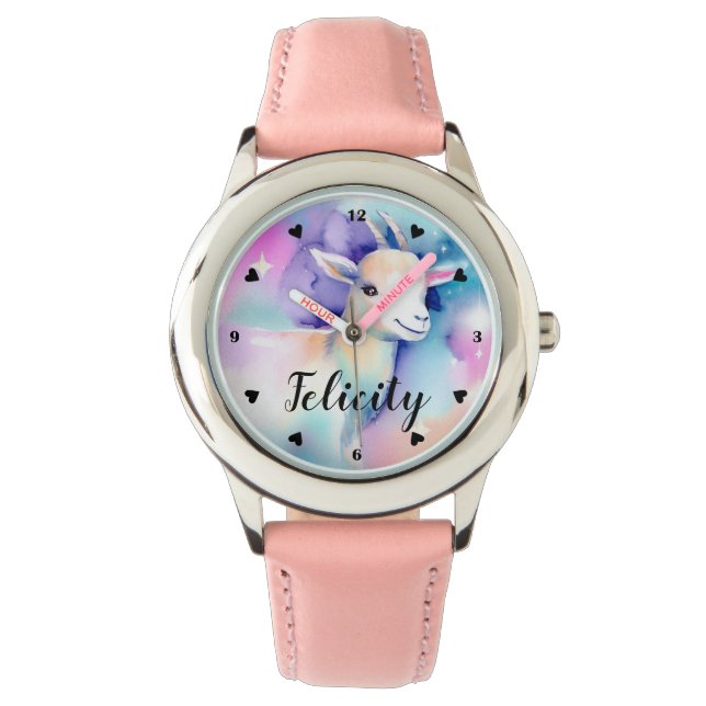 Niedliche Baby Goat Rainbow Wolken Wasserfarbe Cus Armbanduhr (Vorderseite)