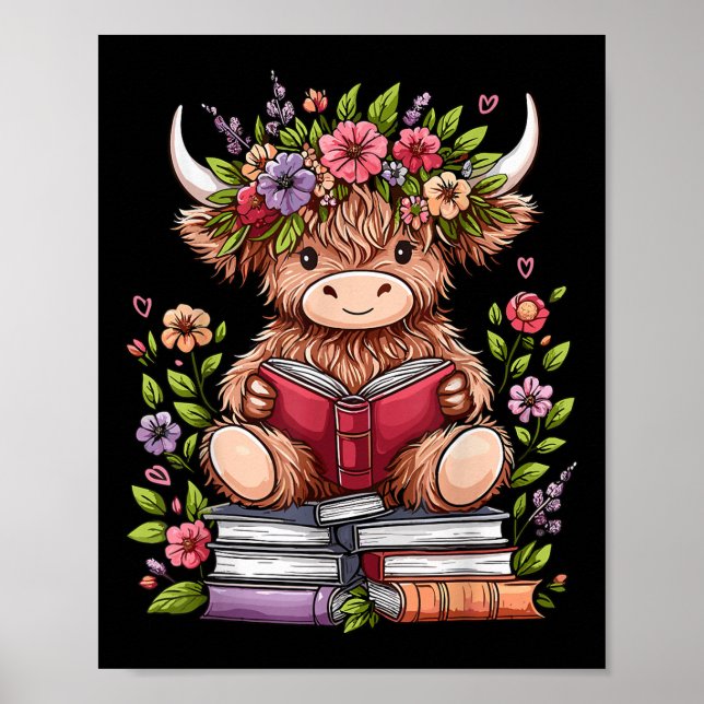 Niedliche Baby Highland Kuh mit Lesebuchmaschine Poster (Vorne)