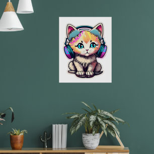 Niedliche Baby-Katze mit Kopfhörern Poster